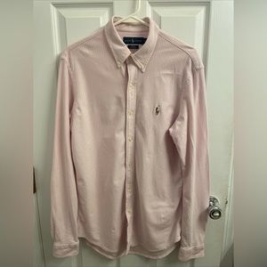Ralph Lauren Mens LG Long Sleeve Button Down Shirt Pink Striped Slim Knit Oxford